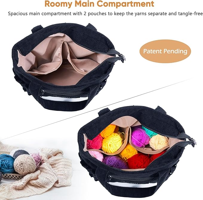 Crochet Bag and Tote - Corduroy Yarn Bag - Yarn Holder for Crocheting - Crochet Storage Bag for Crochet Hooks, Crochet Accessories, Knitting Bag for Crochet Lovers, Mom Gift