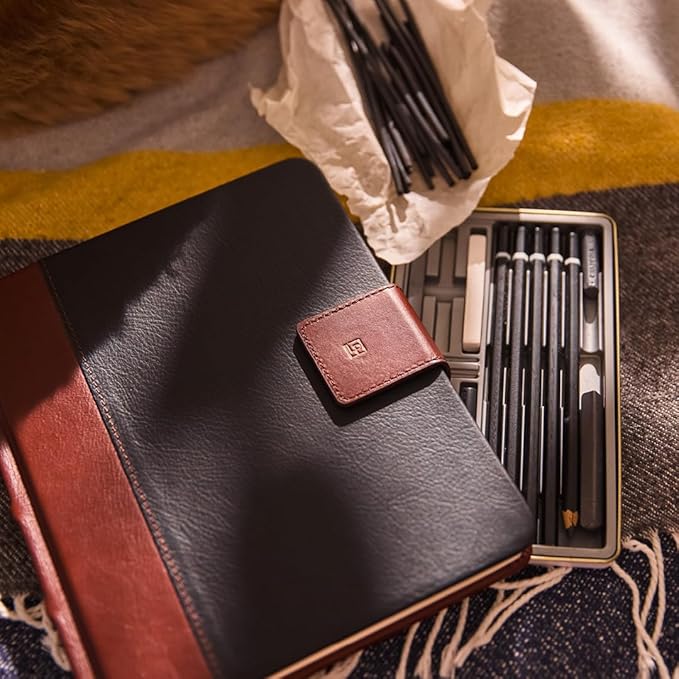 Luxury Leather Sketchbook, Hardcover Drawing Notebook, Pen Loop/Magnetic Closure, Acid Free 150gsm Thick Paper, Full Grain Leather Artisan Collection by Leatherpress (9.3” x 7.8” x .9”)