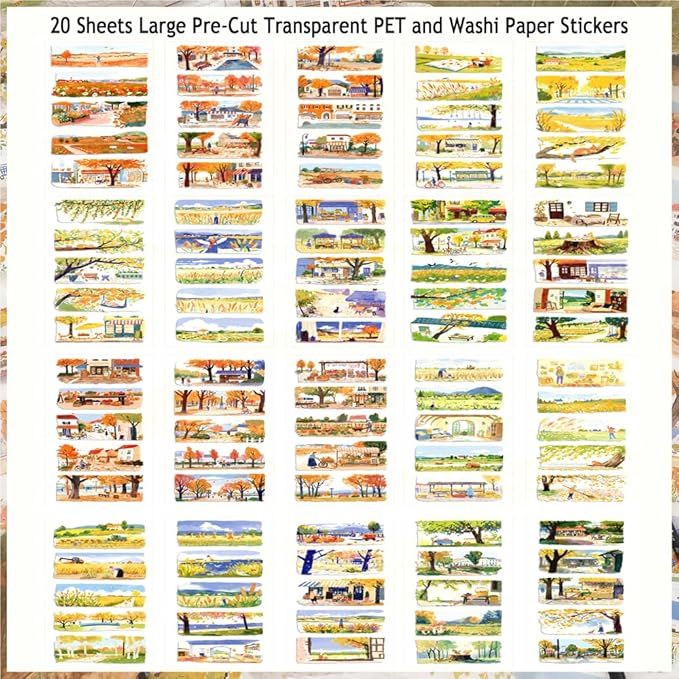 Journal Sticker Book for Junk Journaling, Transparent PET Seasons Landscape Stickers for Scrapbook Supplies, Scrapbooking, 20 Large Pre-Cut Stickers Sheets 9.25 x 6.65 inches