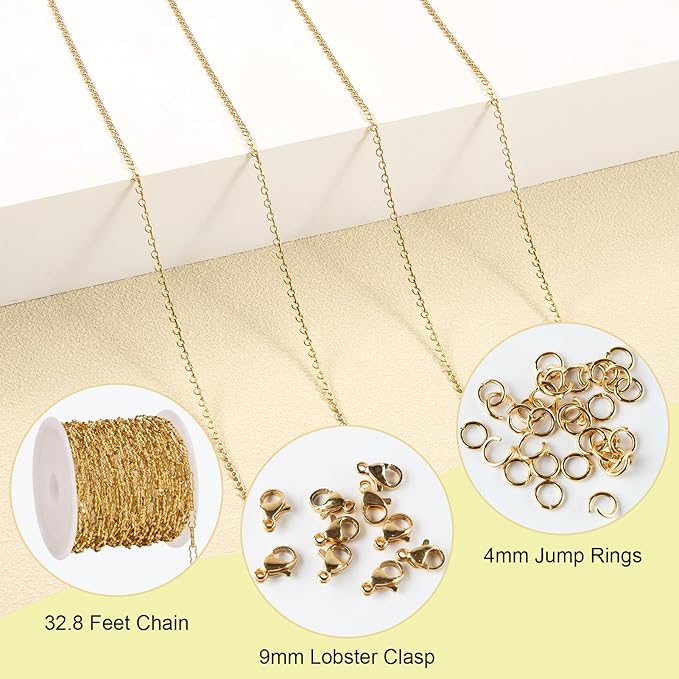 SMYHTGLIF 32.8 Feet Thin Cable Chain for Jewelry Making Gold Stainless Steel Bulk Chain Rolo Craft Jewelry
