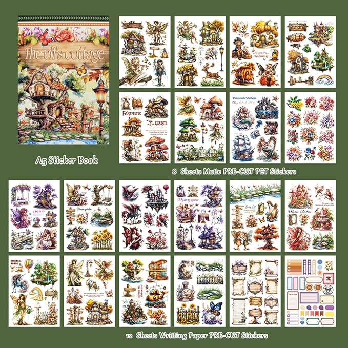 The Elfs Cottage Sticker Book for Journaling, 20 Sheets Precut PET Washi Paper Materials Stickers for Scrapbooking, Junk Journal Supplies, Planner, Bujo, Collage, DIY Crafts Arts