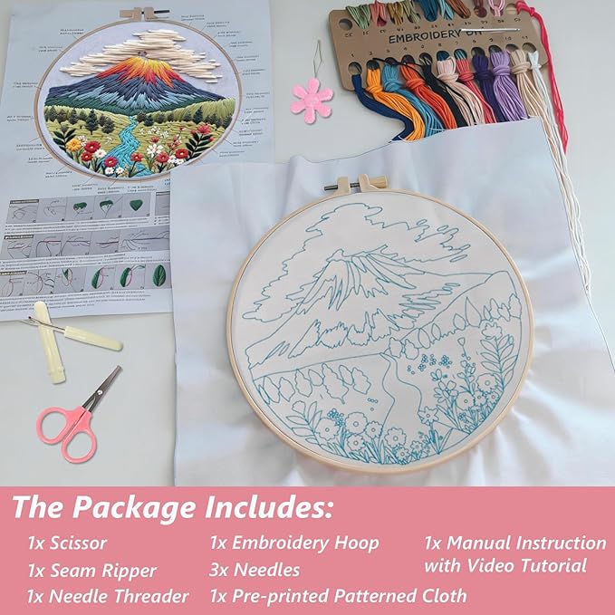 Embroidery Kit for Adults, Pre-Stamped Pattern Embroidery Kit for Beginners, DIY Hand Needlepoint Starter Kit with Hoop Thread Needle Instruction, 6.3'' Hoop (Nature Landscape 1 Pack)