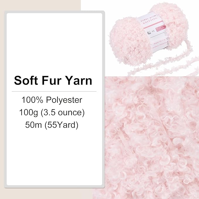 MECCANIXITY 1 Skeins Eyelash Yarn Fur Soft Fluffy Chunky Polyester Yarn Fuzzy Light Pink for Crocheting Knit DIY Clothes Bag - 55Yard/50m, 3.53oz