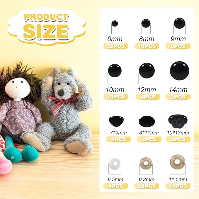 TOAOB 200pcs Safety Eyes and Noses with Washers Crafts Crochet Eyes 6mm to 14mm Black Plastic Safety Eyes for Amigurumis and Stuffed Animals Making
