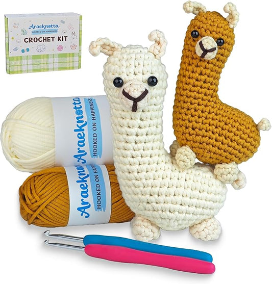 Araeknotta Crochet Kit for Beginners with Easy to Use Yarn, Crochet Hooks, Video Tutorial, Animal Amigurumi Craft Gift for Kids Women Adults (Llama 2 Pack)