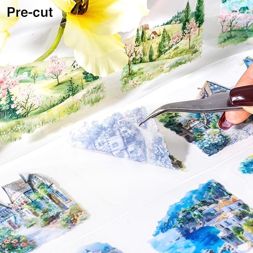 Four Seasons PET Tape Set, 6 Rolls Pre-Cut Scenic Landscape Stickers for Scrapbooking, Journaling, DIY Crafts, and Gift Wrapping