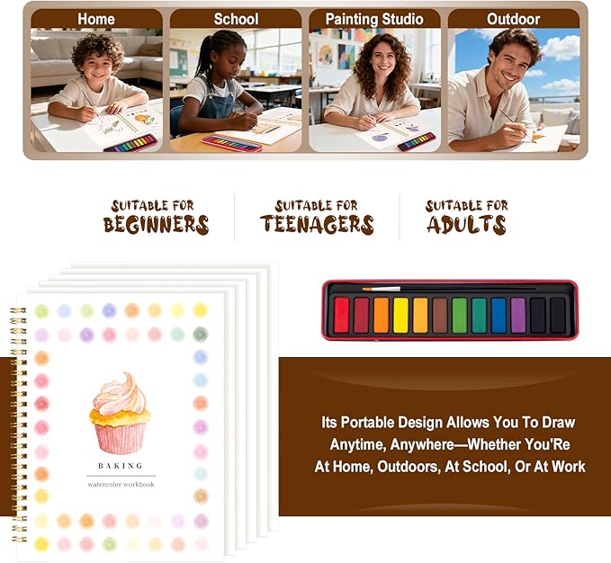 Watercolor Workbook for Adults, Beginner Friendly Watercolor Painting Kit Baking Pattern Water Coloring Book, Nature-Themed Practice Art Gift Water Color Paint Book with Palette and Brush