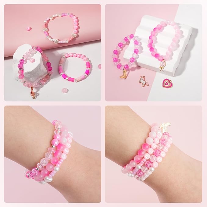 Miss Rabbit Pink Clay Beads Bracelet Making Kit,3500Pcs Valentines Beads,Friendship Bracelet Kit for Jewelry Making with 6 Kinds of Unique Glass Seed Bead