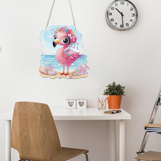 Miwixy Flamingo Hanging Diamond Art,Pink Flamingo Beach Special Shaped Crystal Christmas Diamond Painting Ornament Kit DIY Double-Sided Pattern Window Pendant Gem Art Kit for Home Wall Decor