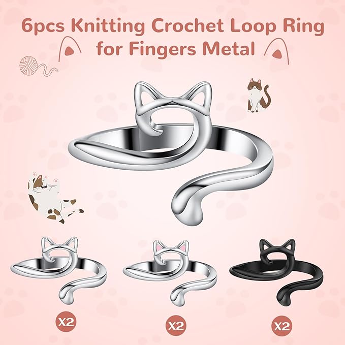DTOFOOT 6pcs Knitting Crochet Loop Ring for Fingers Metal Open Yarn Guide Crochet Rings Adjustable Braided Faster Knitting Thimbles Holders Accessories for Crochet Mother Grandma Gifts with Box