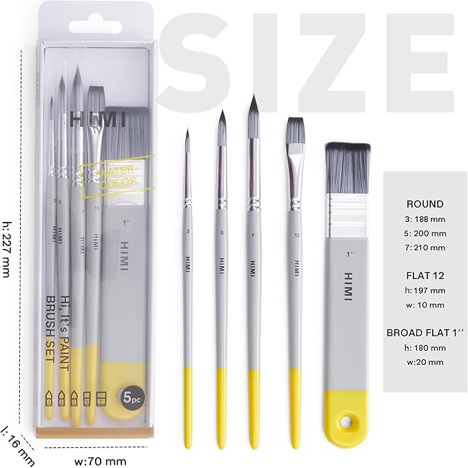 HIMI Watercolor Paint Brush Set, 5 Pcs – 1 Flat, 3 Round, 1 Wide Flat – Professional & Beginner Artist Paint Brushes for Watercolor, Unique Design Gift for Art Lovers