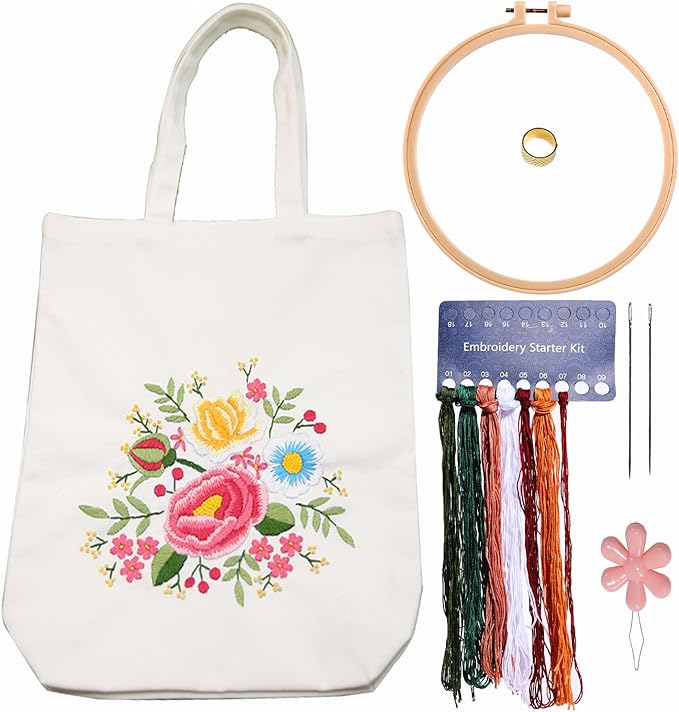 CREAWONDER Canvas Tote Bag Embroidery Kit with Pattern for Beginners, Arts and DIY Embroidery Crafts Kits for Adults, Include Instructions, Thimble, Embroidery Hoops, Color Threads and Tool