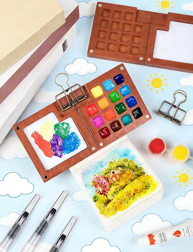 Mini Watercolor Travel Set, Mini Watercolor Paint Set with 2 Wooden 15-Grid Palette, 24 Colors Paint, 2 Sketch Books and 4 Brushes, Copper Clip and Sketchbook for Travel Painting