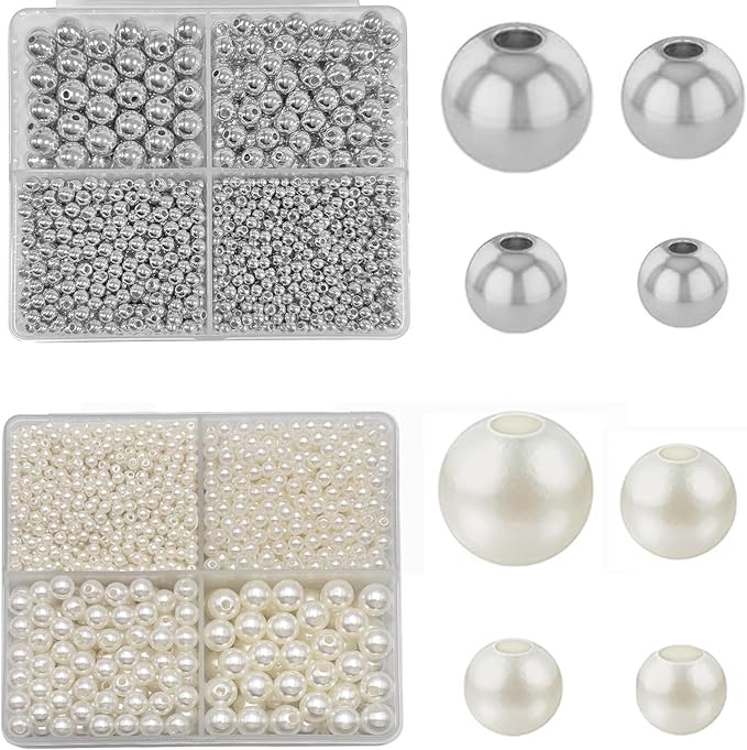 3360pcs Silver Round Beads & Pearl Beads 3/4/6/8mm 4 Size Smooth Ball Bead for Jewelry Making Metal Circle Bead for Bracelet Necklace Earring Making Supply
