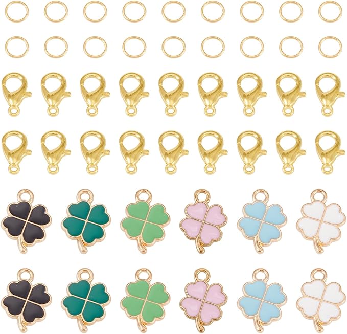 Cheriswelry St. Patrick's Day Craft Supplies Green Clover Four Leaf Pendants Shamrock Enamel Charms with Alloy Lobster Clasp Jump Rings 18x12x2mm for DIY Bracelet Necklace Earring 260Pcs/Set