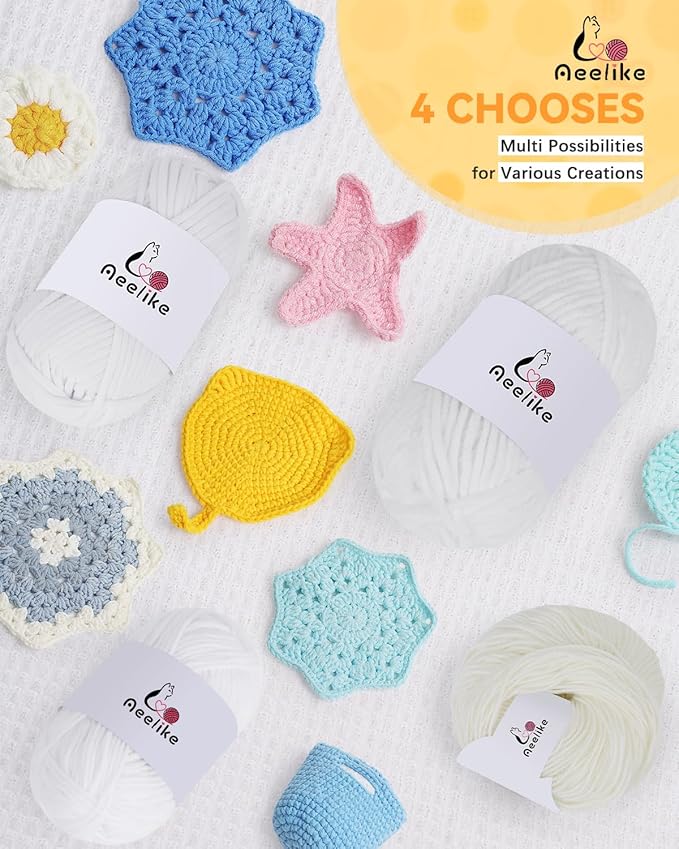 Aeelike Beginner Crochet Yarn Kit w 4 Different Materials White Yarns (Polyester, Cotton, Acrylic, Milk Cotton,) & 2 Ergonomic Hooks (G&7), Ideal Starter Crochet Set for Beginners