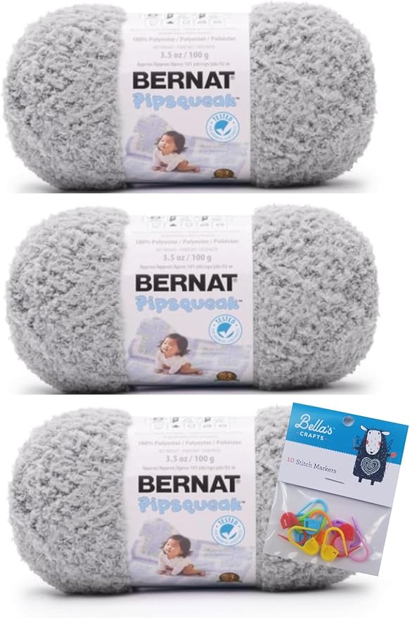 Bernat Yarn Pipsqueak Yarn, 3.5 Oz, 3-Pack Bundle with Bella's Crafts Stitch Markers (Elephant)