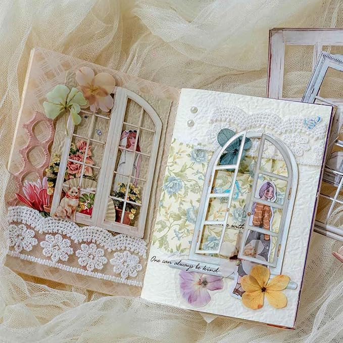60pcs Textured Cardstock Hollowed Window Frame Stickers for Junk Journals Vintage Cutouts Scrapbook Stickers for Scrapbooking Supplies Clearance Pre-cuts for Journaling Collage Kit Pop-up