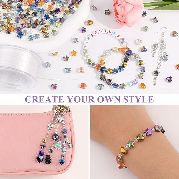 200PCS 8MM Glass Star Beads Bedazzling Irisedent Glass Beads,Crystal Star Heart Beads,Eletroplated Mixed Colors Cute Bead for Necklace Bracelet Earring Jewelry Making, Spacer Bead for Crafting & DIY