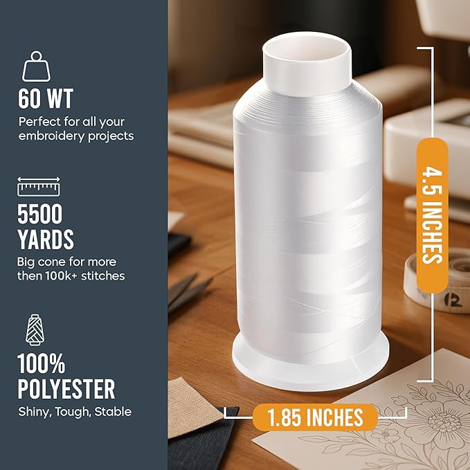White Embroidery Machine Bobbin Thread - Huge 5500yards Cone Spool - 60 WT Polyester for Brother Janome Singer Embroidery Machines