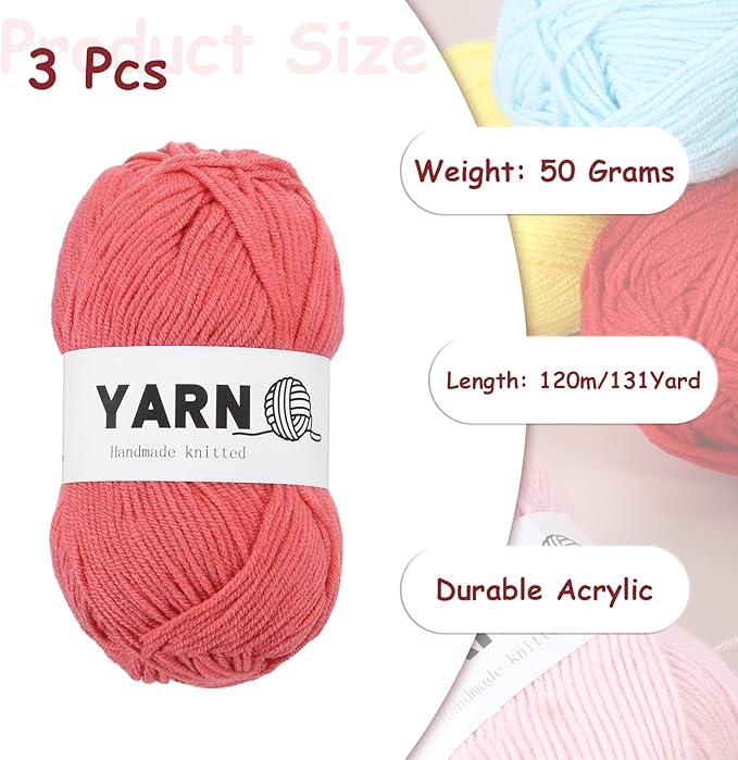 3Pcs Pale Red Acrylic Yarn 400 Yard 4 Ply Soft Crochet Yarns Sport Weight Yarn,[for DIY Crocheting Knitting Craft Blankets Hats]-150g