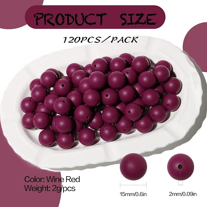 120pcs Richbunnys 15mm Bulk Silicone Beads for Pens and Keychain Making,Large Bead for Necklace and Bracelets Making,Assorted Rubber Beads Set（Wine Red）