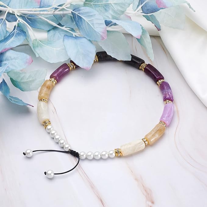 40Pcs Acrylic Chunky Tube Beads with Rondelle Brass Rhinestone Spacer Beads & Elastic Crystal Thread, Imitation Gemstone Curved Tube Beads for Bamboo Bangles Bracelet Jewelry Making