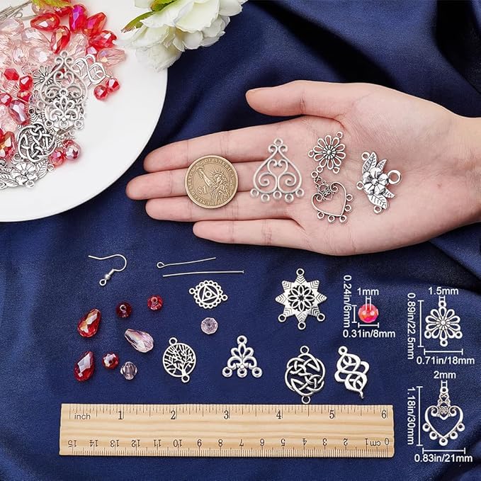 SUNNYCLUE 1 Box DIY 10 Pairs Red Beads Chandelier Dangle Earring Making Kit Flat Round Celtic Knot Flower Tree Snowflake Heart Component Links Teardrop Electroplate Glass Beads for Jewelry Beginners