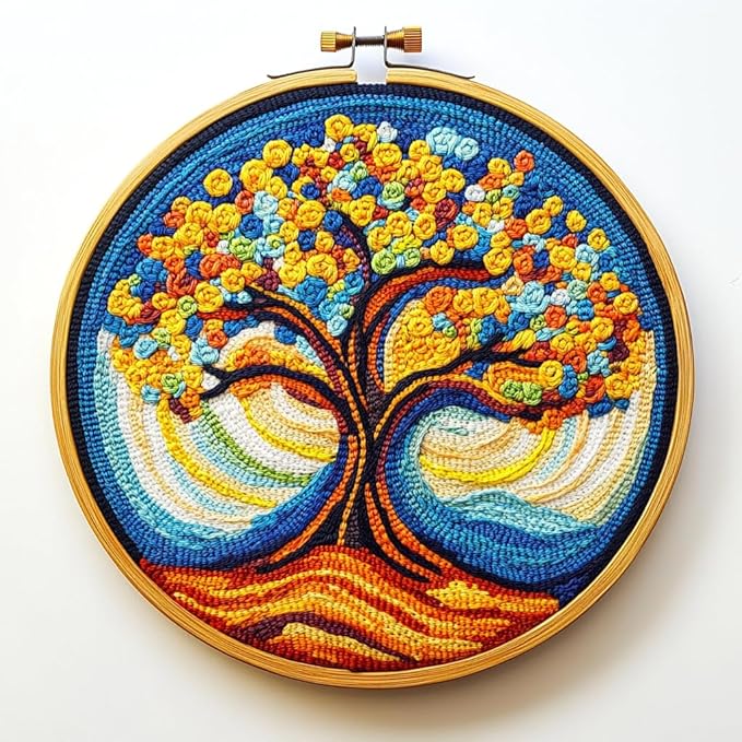 DIY Punch Needle Kits Golden Life Tree Easy for Beginners Punch Needle Embroidery Set with Hoop Stamped Pattern for Craft Lovers and Home Decor-1