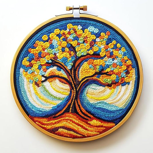 DIY Punch Needle Kits Golden Life Tree Easy for Beginners Punch Needle Embroidery Set with Hoop Stamped Pattern for Craft Lovers and Home Decor-1
