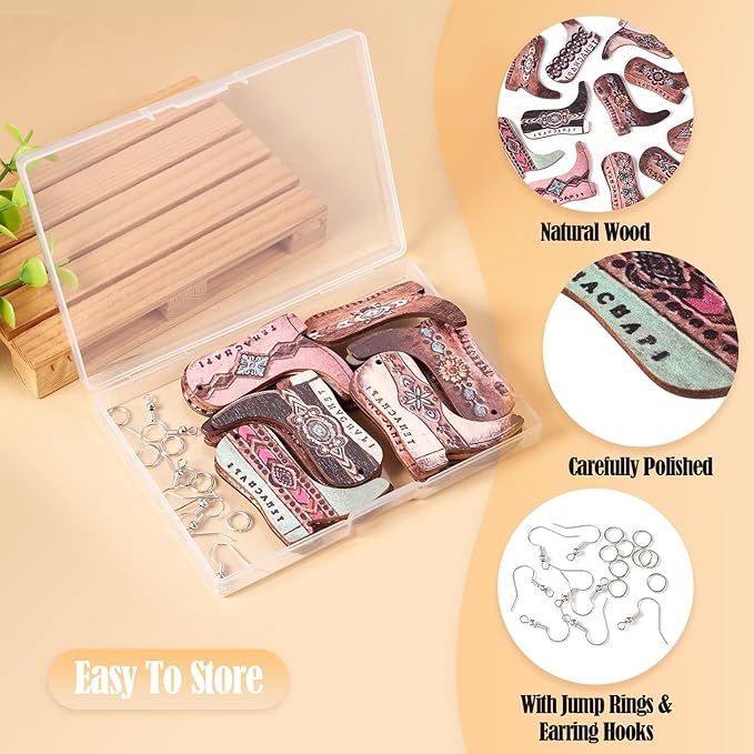 Beadthoven Earrings Making Kit Cowboy Boots Wood Earring Dangle Charms 22pcs Western Cowboy Boot Pendants Assorted Wood Pendants with Earring Hooks Jump Rings for DIY Earrings Jewelry Making Supplies