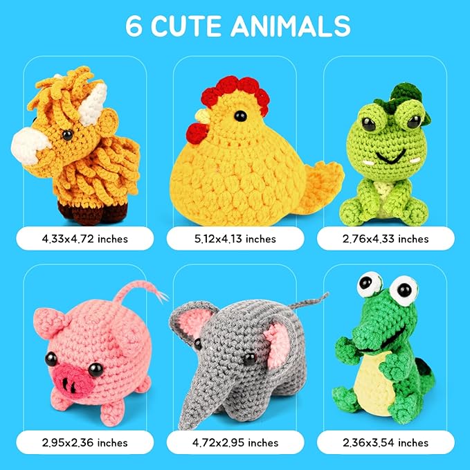 7shaaarks crochet kit for beginners | set of 6 animal crochet kits with yarn & video tutorials, includes frog, crocodile, rooster, elephant, yak & piglet, easy diy gift for teens & kids, christmas