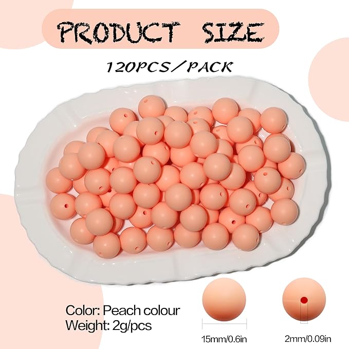 120pcs Richbunnys 15mm Bulk Silicone Beads for Pens and Keychain Making,Large Bead for Necklace and Bracelets Making,Assorted Rubber Beads Set for Crafts(Apricot)