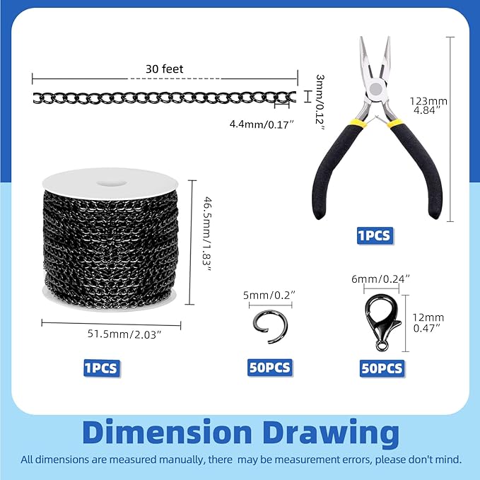 Glarks 102Pcs 30 Feet Jewelry Chains Set Black Cable Link Chains Link Rolls Bulk Twisted Links Chain Necklace Jewelry Making Chains with Lobster Clasps and Jump Rings for Necklace Jewelry Making