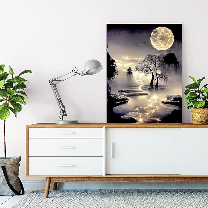 mrpwnle Diamond Painting Kits for Adults Beginners,Moon Diamond Art Kits for Adults,5D Moonlight Landscape Diamond Painting Kits DIY Diamond Art Dots Crafts Kits,Home Wall Decor Gifts 12x16in
