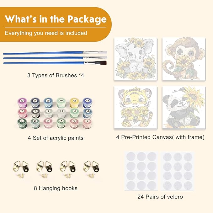 4 Pack Paint by Number for Kids with Wooden Frame, Cartoon Paint by Numbers for Kids Ages 8-12, Elephant, Monkey, Tiger, Panda, DIY Acrylic Oil Painting for Beginners for Home Wall Decor 8X8 inch