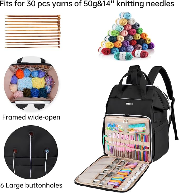 Leudes Knitting Bag Backpack, Yarn Storage Organizer Large Crochet Bag Tote Christmas Gift Yarn Holder Case for Carrying Projects, Knitting Needles (Upgraded Black)
