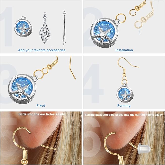 925 sterling silver earring hooks, 750pcs gold earring hooks kit 250pcs/125pairs hypoallergenic ear wires fish hooks with 250 pcs gold open jump rings and 250pcs rubber ear backs for jewelry making