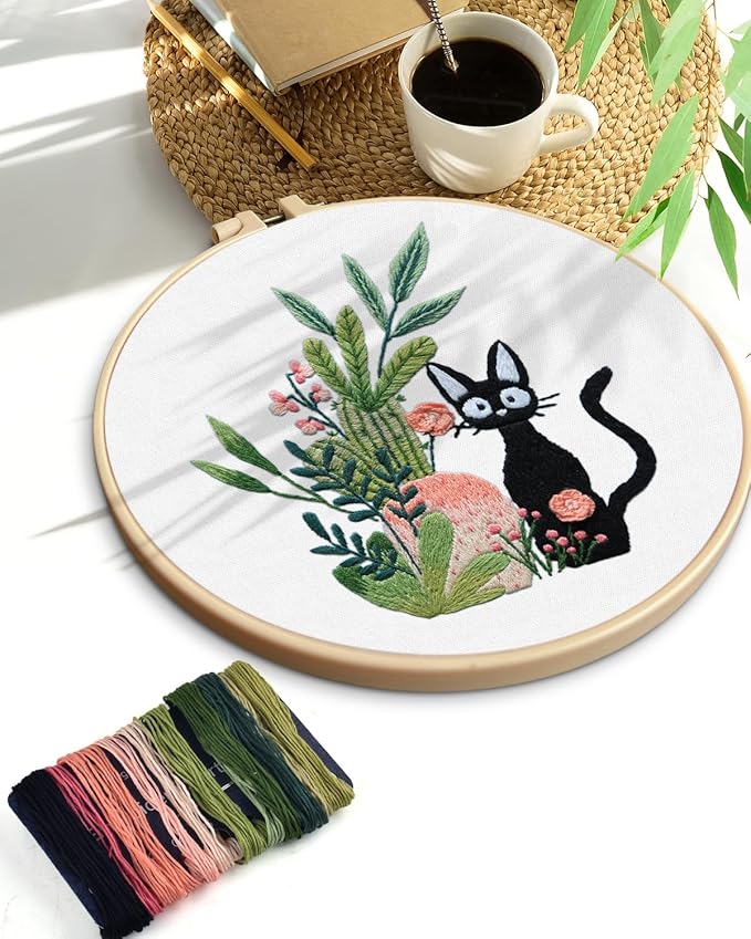 TINDTOP Embroidery Kit for Beginners Adult, Cat Embroidery Kit for Beginners Include Embroidery Cloth Hoops Threads for Craft Lover Hand Stitch with Embroidery Skill Techniques
