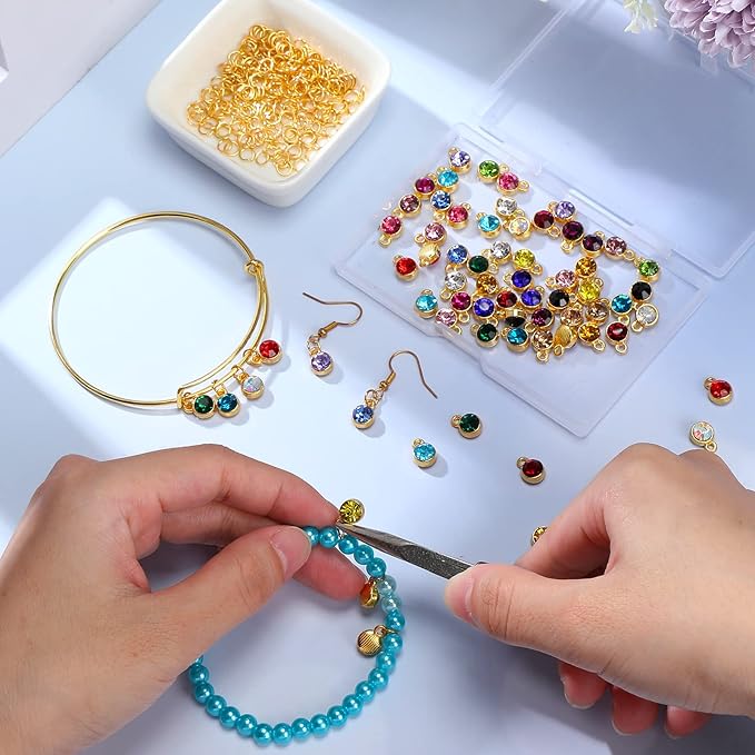 80 Pieces Crystal Birthstone Charms with 200 Jump Ring Handmade DIY Beads Pendant Mixed Color Birthstones for Jewelry Making Round Charms for Bracelets Necklaces Jewelry Findings (Bright Color)