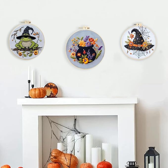 Floral Witch Hat Embroidery Kit Halloween Cross Stitch Material Set with Bat Skull Flower Pumpkin Patterns, DIY Hand Needlepoint Embroidery Craft Kit for Beginners Professional (Floral Cauldron A)