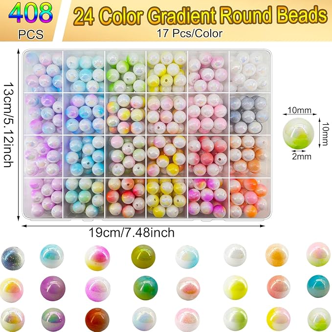 408Pcs 10mm Acrylic Round Beads for Jewelry Making, 24 Colors Pastel Two Tone Round Bead for Bracelets Making Kit Candy Color Plastic Bubble Gum Beads Pastel Loose Beads Bulk for DIY Necklace Crafts