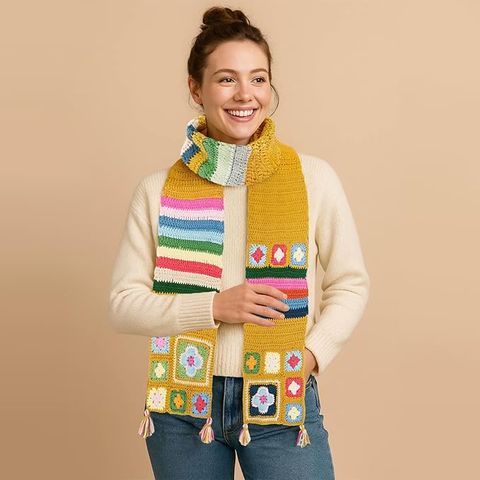 Noocro Granny Square Scarf Crochet Kit – Complete Yarn Kit with Crochet Hook, Markers, and Other Accessories, Detailed Instruction & Video Tutorial – for Intermediate or Ambitious Beginners