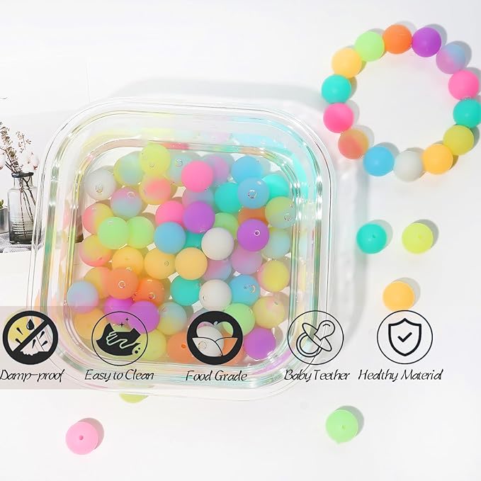 120pcs Richbunnys 15mm Bulk Silicone Beads for Pens and Keychain Making,Large Bead for Necklace and Bracelets Making,Assorted Rubber Beads Set for Crafts(Night Glow)