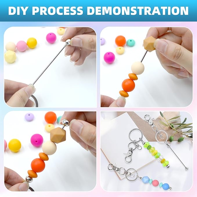 60 Pcs Beadable Keychains Bulk Kit – DIY Keychain Making Supplies with Metal Blanks for Crafts, Jewelry, Charms, Custom Projects – Blank Chain Bars for Beaded Keychain Design (Silver)