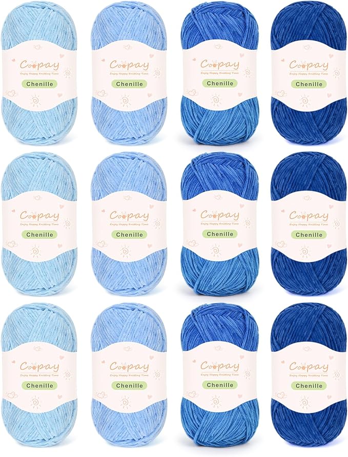 Coopay Skinny Chenille Yarn for Crocheting and Knitting, 12 Pack of 50g/1.76oz - 1764yd Total, Soft Velvet Yarn of Baby Weights - Suitable for Baby Blankets, Plush Toys - Super Soft (Blue Gradient)