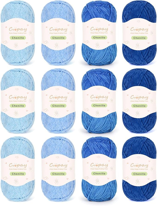 Coopay Skinny Chenille Yarn for Crocheting and Knitting, 12 Pack of 50g/1.76oz - 1764yd Total, Soft Velvet Yarn of Baby Weights - Suitable for Baby Blankets, Plush Toys - Super Soft (Blue Gradient)