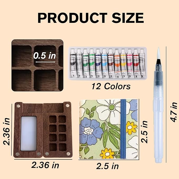 Aimery Mini Watercolor Paint Travel Set, Portable Small Miniature Pocket Water Color Painting Kit with Wooden Palette & Sketchbook(Blue Flower)