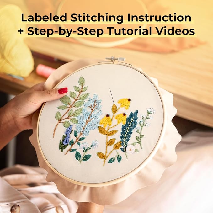 htvront embroidery kit for beginners- 3 pcs needlepoint kits for adults with step by step video, flower beginner embroidery kit for adults, pre-printed patterns for gift for women