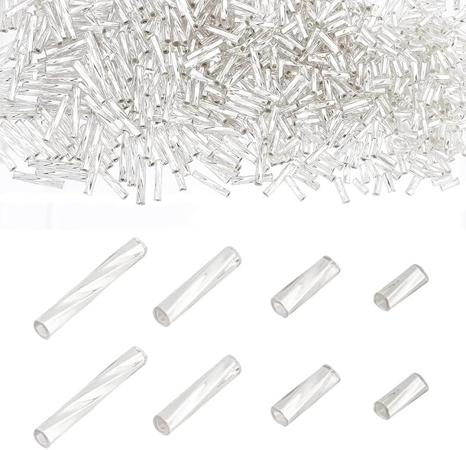PH PandaHall 1600Pcs 4 Sizes Glass Bugle Beads, Silver Long Tube Seed Bead 5/6/9/12x2mm Loose Spacer Bead with 0.5mm Round Hole for Earring Bracelet Neckalce Jewelry DIY Craft Making Dress Decor